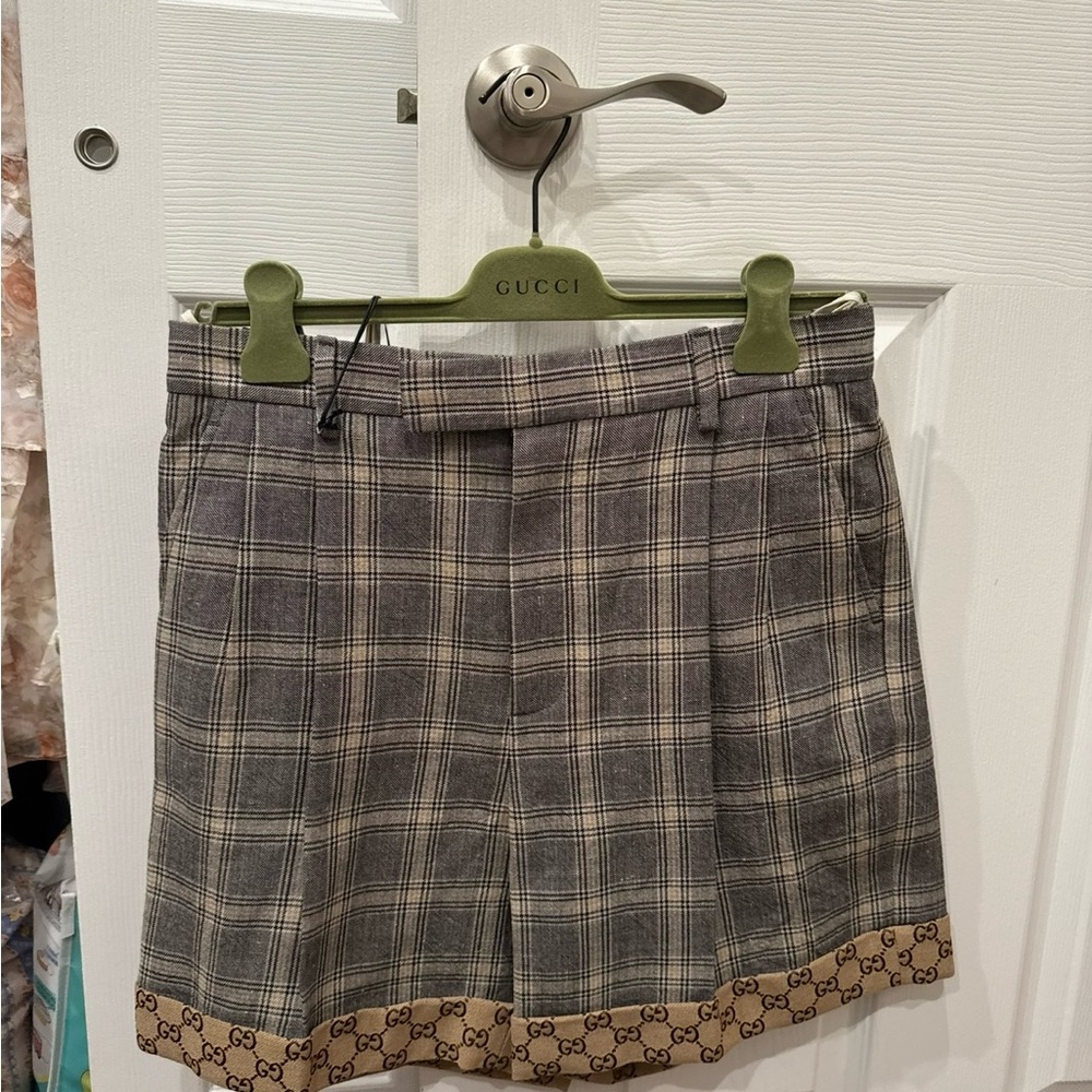 Gucci Gray Plaid Shorts with Tan Logo Trim